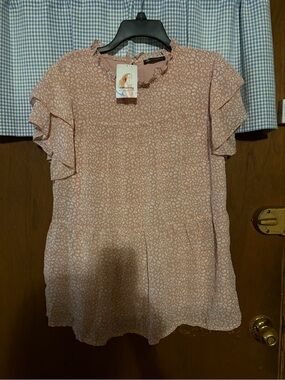 Pink Floral Ruffle Neck Women's Top